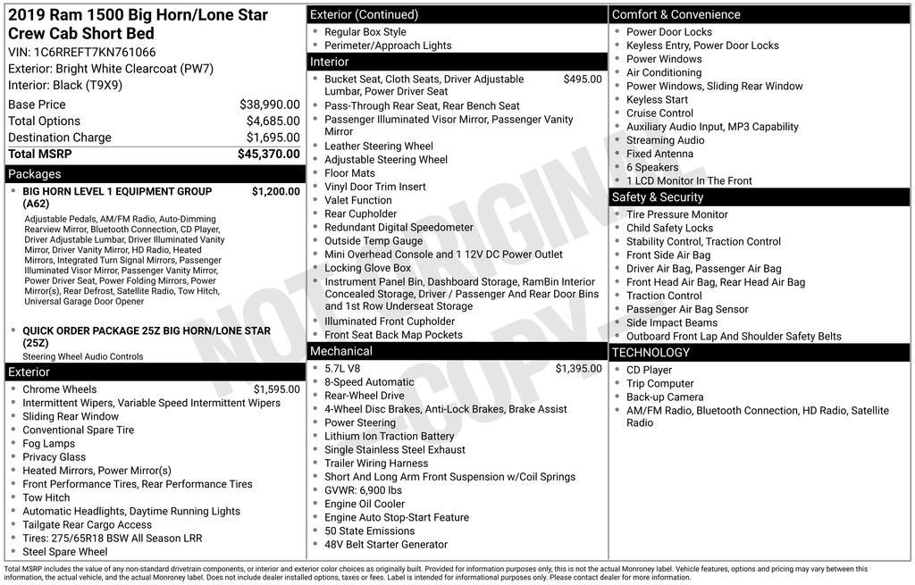 2019 RAM 1500 Big Horn/Lone Star Crew Cab 4x2 5'7" Box