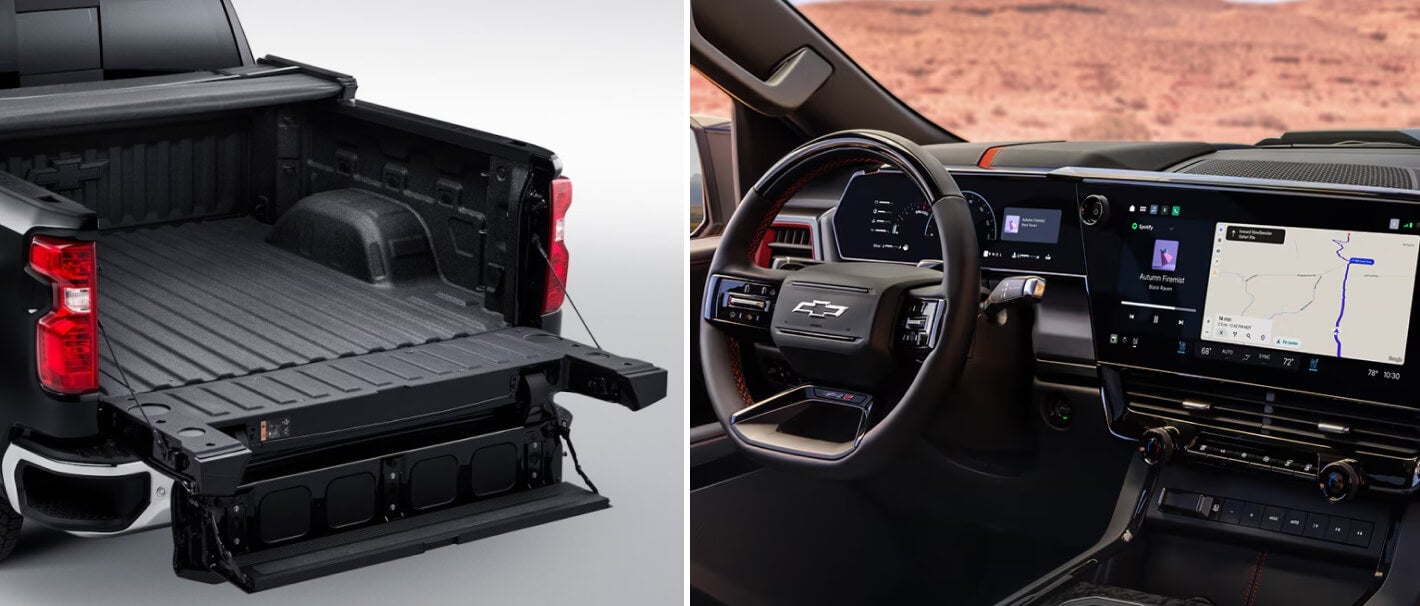 Split image showing the Silverado bed cover and assist steps deployed on the left and cockpit with equipped assist features on the right.