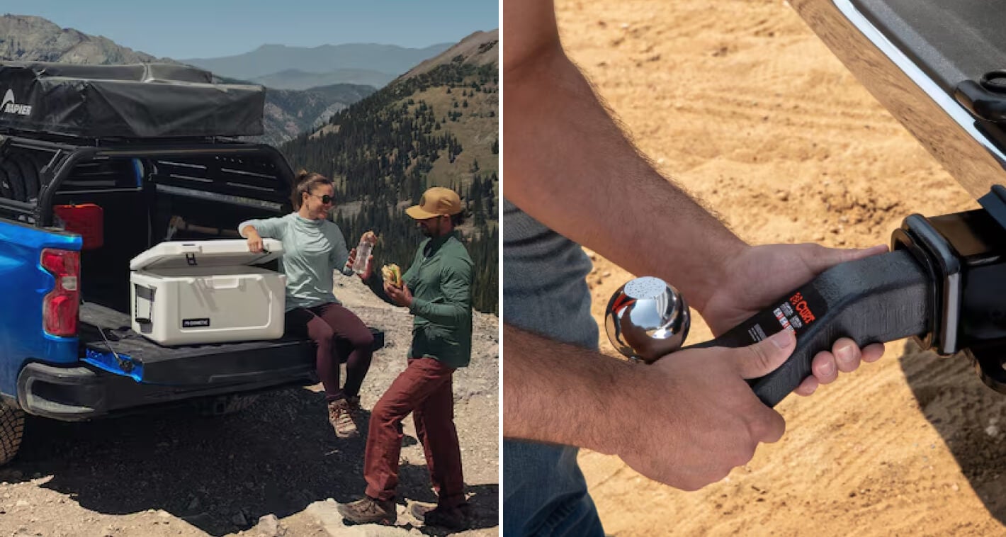 Split image showing a couple standing around a Silverado with a cooler on the tailgate and a close-up of hands installing a high-capacity trailer hitch.