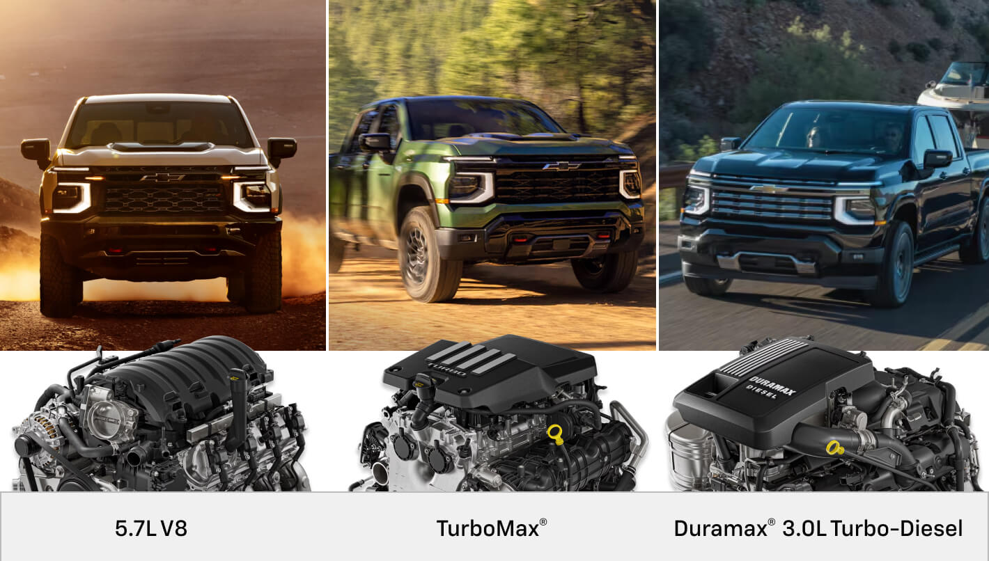 Split image showing the three available engines for 2027 Chevy Silverado with corresponding equipped models.