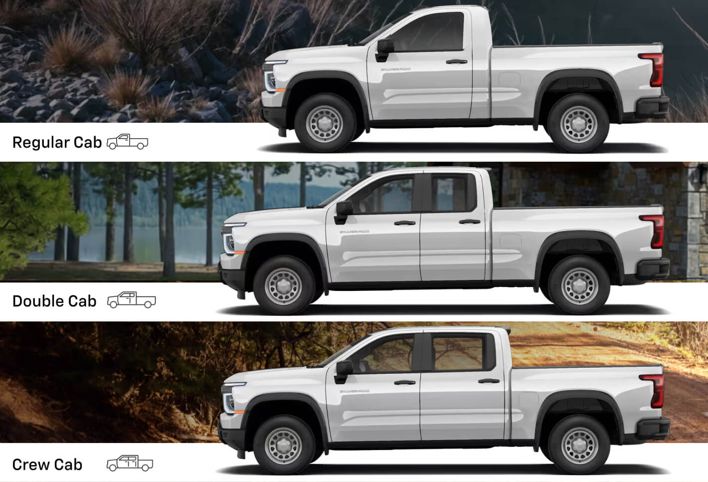 Split image showing three available bed sizes for 2027 Chevy Silverado with corresponding models shown side-by-side.
