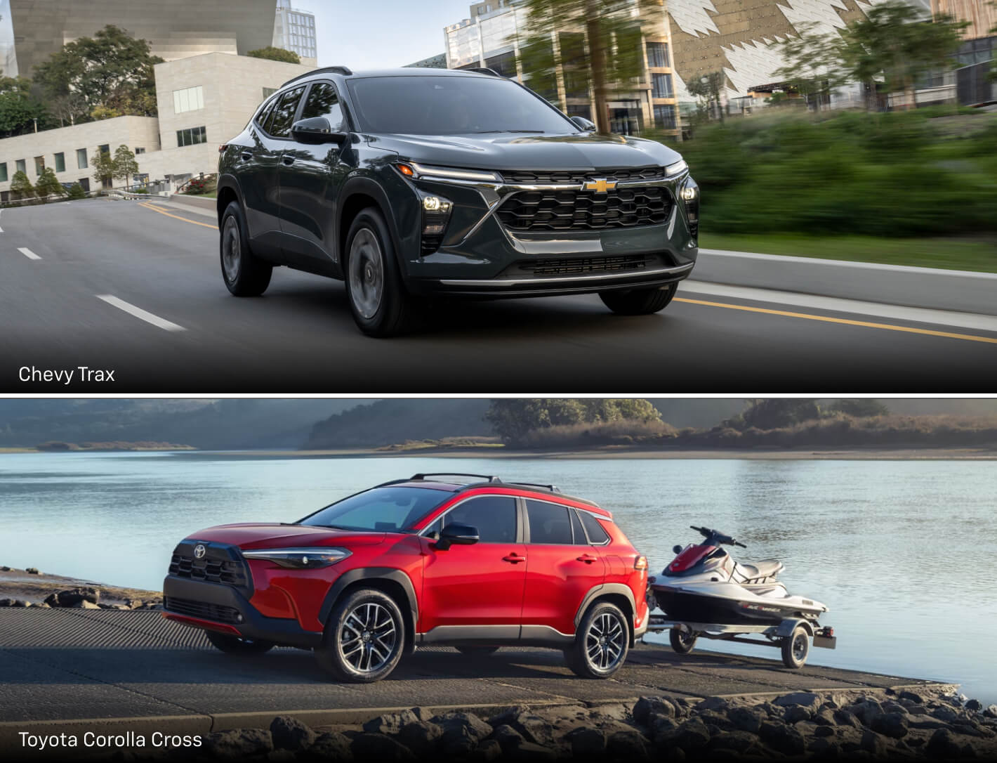 A front action shot of a black Chevy Trax driving on a suburban road. A Red Toyota Corolla Cross towing a jet-ski out of a lake.
