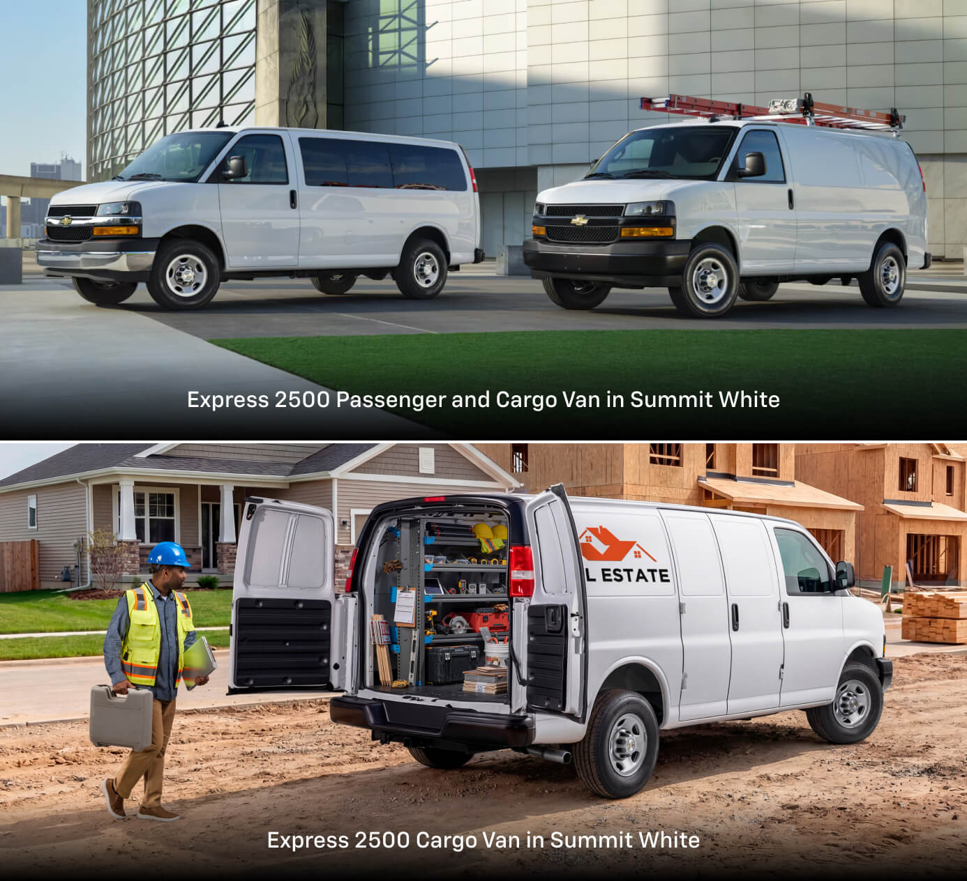 Top: 2026 Chevrolet Express 3500 Passenger and Cargo Vans in Summit White. Bottom: Express 2500 Cargo Van at a construction site.