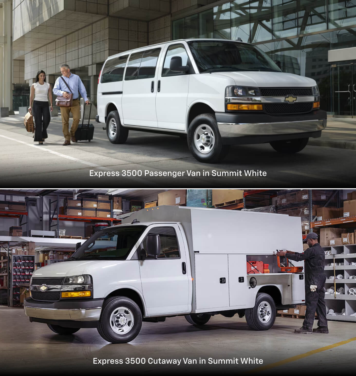 Top: 2026 Chevrolet Express 3500 Passenger Van in Summit White picking up two people. Bottom: Express 3500 Cutaway Van at a warehouse.