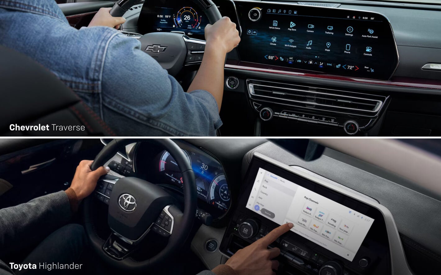 2025 Chevy Traverse vs. 2025 Toyota Highlander Interior & Tech