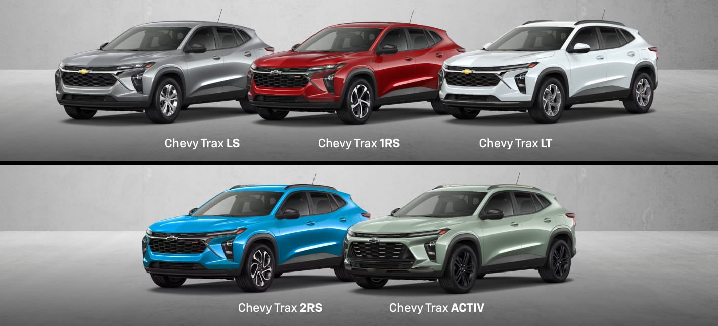 Lineup of the Chevrolet Trax trim levels, showcasing the LS, 1RS, LT, 2RS, and ACTIV models in different exterior colors.