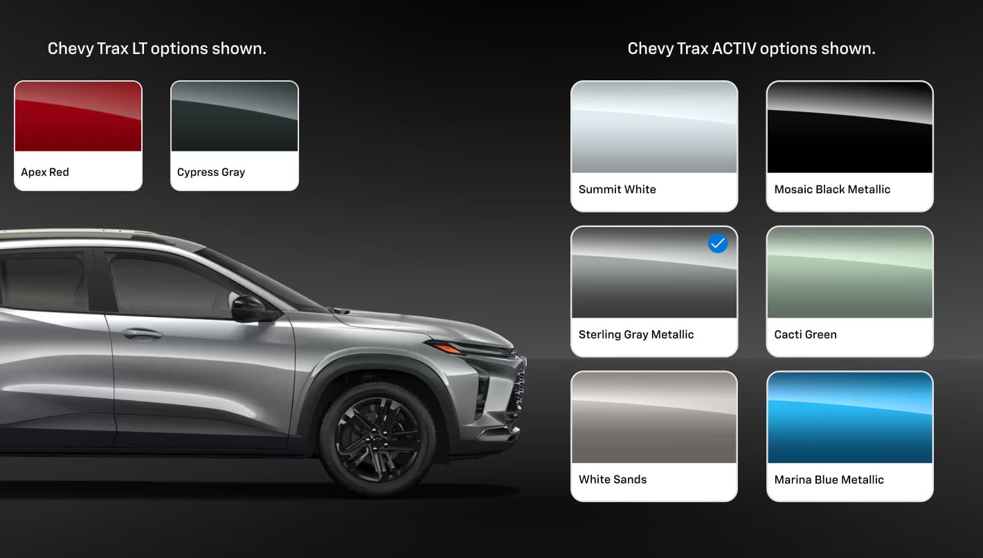 Chevrolet Trax exterior color options displayed for the LT and ACTIV trims, featuring paint swatches alongside a silver Trax to showcase available finishes.